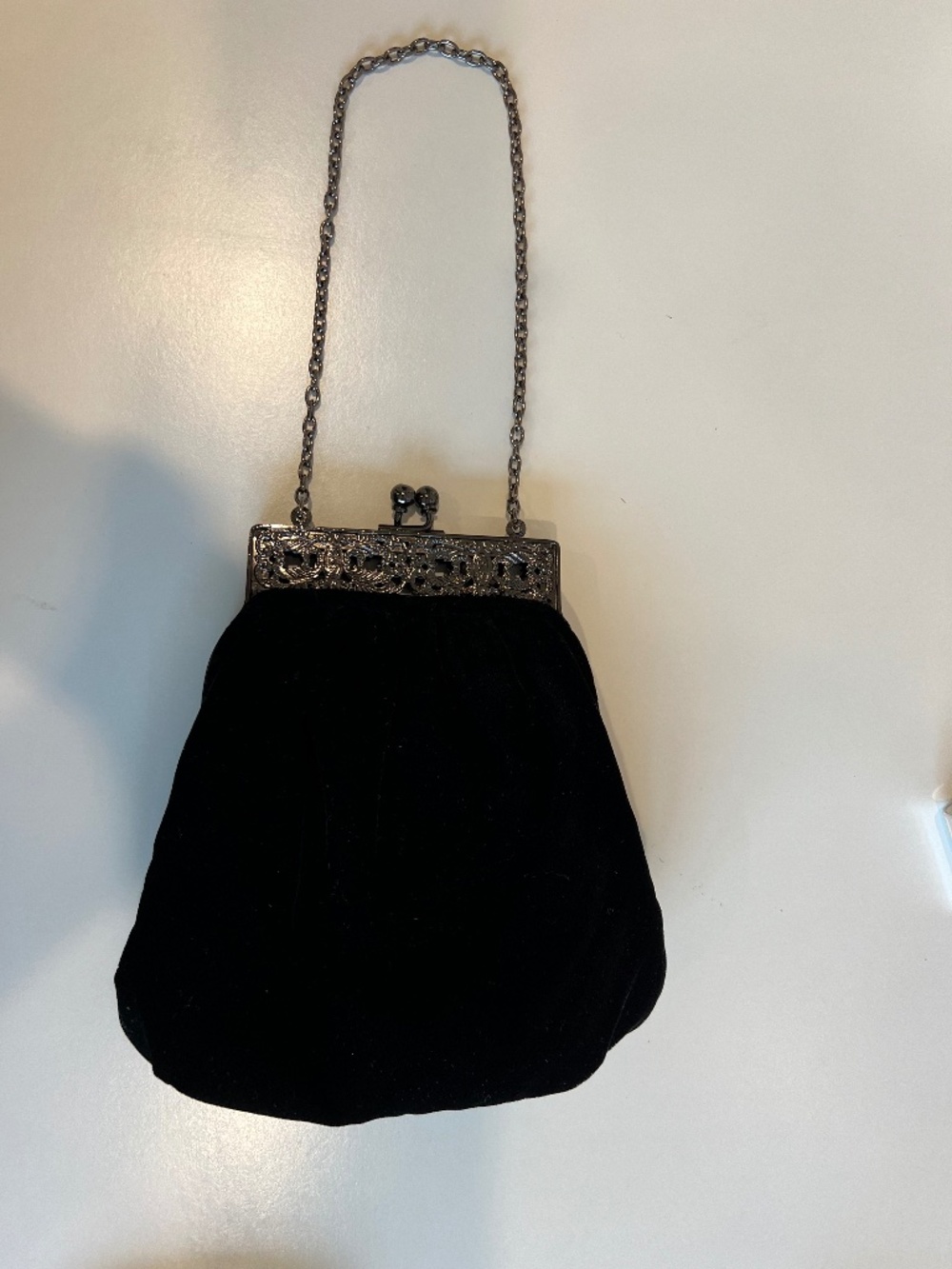 Vintage Vanessa Black Velvet Evening Bag - Ornate Gunmetal Frame & Coin Pouch